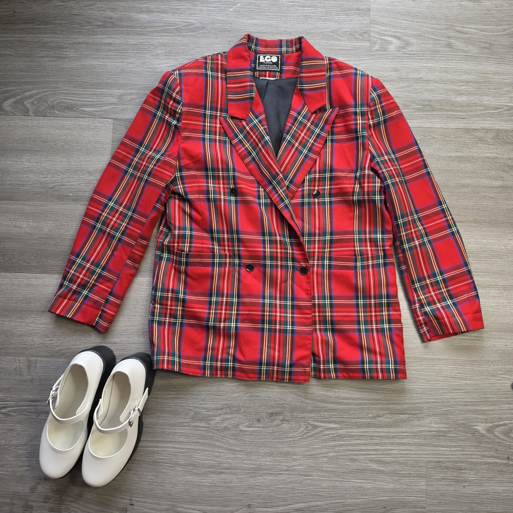 Vintage Classic Red Plaid Double Breasted Blazer Jacket | 90s Grunge Schoolgirl
